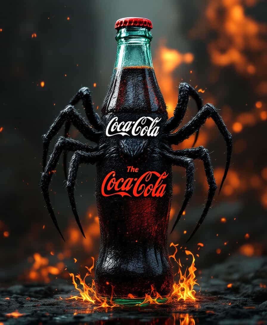 Create an image of a Coca-Cola bottle with Spider features, including Spider arms attached to the sides.. The texture of the bottle should resemble crow scales, and there should be a prominent Spider head design on the front. The background should have a fiery ambiance to complement the Spider theme, with the text "The Spider" included in the composition.