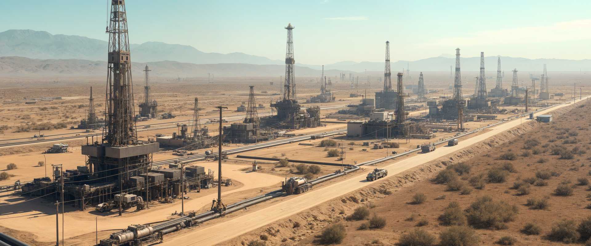AI-generated image: This photo depicts an expansive oil field with numerous oil rigs and related infrastructure. Hyper-r