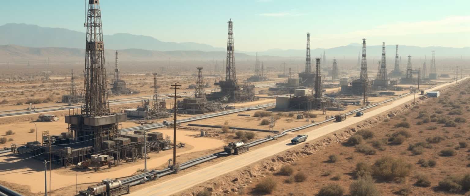 This photo depicts an expansive oil field with numerous oil rigs and related infrastructure. Hyper-realistic, capturing the details of the machinery and the natural landscape with a high degree of accuracy. The medium appears to be a photograph, given the clarity and texture of the image. The colors in the photo are primarily earthy tones, with browns, beiges, and grays dominating the scene. The sky is a soft blue, providing a contrast to the warmer colors of the ground. The oil rigs are painted in various shades of gray and black, with some showing signs of rust and wear, indicating their extensive use.The objects in the image include 1. Oil rigs There are numerous oil rigs of different heights and designs scattered across the field. They are the central focus of the image and are the primary source of industrial activity. The rigs vary in size and structure, with some having multiple columns and others being more streamlined. 2. Pipelines Running parallel to the roads, there are numerous pipelines that transport oil and gas from the wells to processing facilities. 3. Roads The roads are dirt paths that crisscross the field, providing access for vehicles and equipment to move between the rigs and other parts of the facility. 4. Power poles There are several power poles that line the roads, supporting electrical lines that provide power to the rigs and other equipment. 5. Vehicles There are vehicles parked or moving along the roads, likely used for transporting personnel and equipment. 6. Natural landscape In the background, there is a dry, flat landscape with sparse vegetation, and in the distance, mountains can be seen under a clear sky. Overall, the image conveys a sense of industrial activity in a barren landscape, highlighting the scale and impact of oil extraction operations.