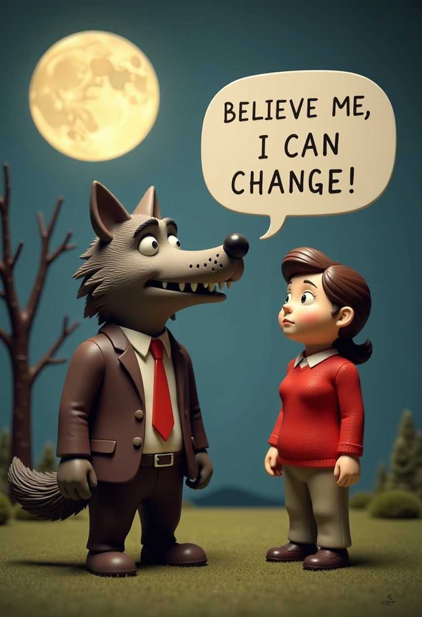 This image features simplified cartoon 3d characters and scenery that appears to be painted wooden figures or puppets without strings. The scene takes place outdoors, as suggested by the presence of a large, full moon in the sky and a silhouette of a tree in the background. The colors are muted, with a predominance of browns, grays, and blues, which gives the image a somewhat somber and nighttime feel. The characters are drawn in a semirealistic style with exaggerated features, such as the large head and small body, which is a common trope in cartoons.The character on the left is a wolf in human clothing, with a pointed snout, sharp teeth, and a bushy tail. It is wearing a brown suit with a white shirt and a red tie, which is a humorous anthropomorphism. The wolfs expression is earnest and somewhat pleading, with its mouth open as if it is speaking or midbark.The character on the right is a human woman, wearing a red sweater and khaki pants. The humans posture is slightly hunched. The humans facial expression is one of concern or skepticism.The text bubble coming from the wolf reads BELIEVE ME, I CAN CHANGE!, which is a nod to the classic fairy tale character, the Big Bad Wolf, known for its deceptive nature. The text is written in a casual, conversational font, which contrasts with the seriousness of the wolfs expression.The overall theme of the image seems to be about trust, deception, and the possibility of change, playing on the wellknown story trope of the wolf trying to convince the little pig that it can be trusted. This image features simplified cartoon 3d characters and scenery that appears to be painted wooden figures or puppets without strings. 