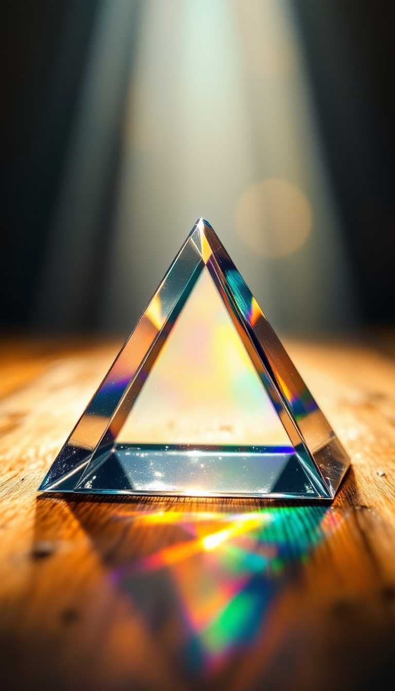 pyramid out of glass on wooden table, shined by white light beam, the light splitted in rainbow colors, back background, bokeh, 