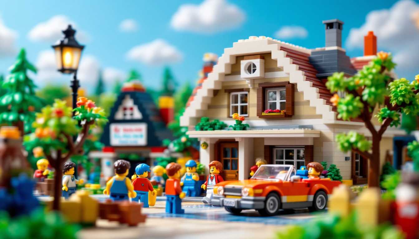 A detailed scene of a LEGO house in front of a LEGO car, with multiple LEGO characters walking around. The setting is a small neighborhood made entirely of LEGO bricks, showcasing intricate designs and vibrant colors. The atmosphere is lively, reflecting a fun and playful environment, with each LEGO element carefully crafted to resemble a miniature town.
