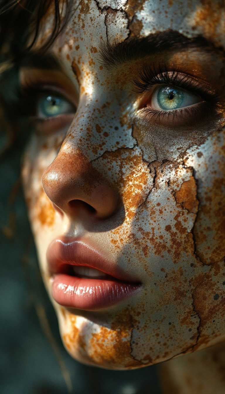 Her half body emerged amidst the interplay of light and shadow, the tattered metal surface mottled and magnificent, emitting a faint glow. The light of abstract art flows along her contours, like invisible fingers gently sliding over, outlining patterns that resemble dreams. The delicate rust reveals the vicissitudes of time, but in the light, it seems to have injected new life. Her eyes were like a deep lake, hiding unknown secrets, and her lips curved slightly upwards, as if telling an unsolved story. At that moment, time froze, immersing one in the intersection of mystery and beauty.