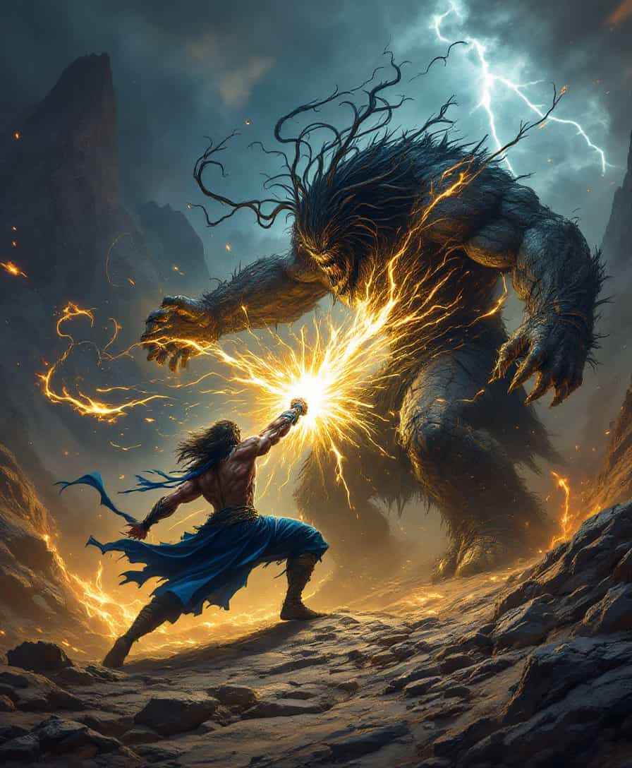 In a desolate landscape steeped in dark fantasy, a fierce confrontation unfolds between a mighty warrior and a towering, beastly adversary. The foreground is dominated by the muscular combatant, his flowing hair and garments swirling like shadows as he lands a punch, unleashing a powerful burst of energy against the creature's massive arm. Dark tendrils spiral around them, intertwining with fiery embers that flicker ominously, hinting at ancient, mysterious forces at play.

The background features rugged mountains that loom under a tumultuous, cloud-filled sky, where ethereal light pierces through the darkness, creating a stark contrast that heightens the raw, untamed nature of the setting. The colors are a dramatic mixture of earthy tones and deep blacks, with flashes of bright gold illuminating the scene—highlighting the warrior’s deep blue clothing and the stone-like texture of the monstrous opponent. 