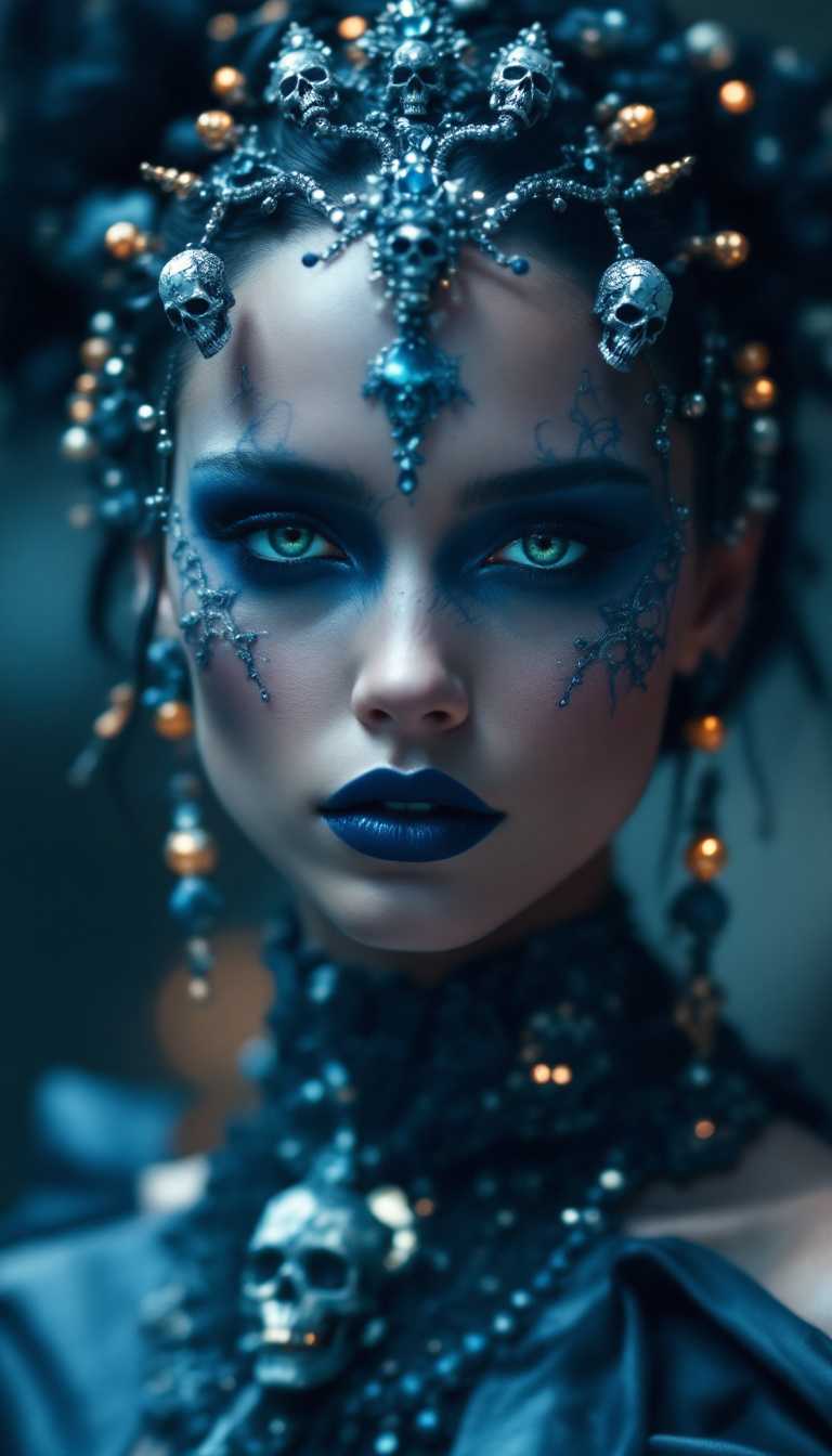 The image features a woman adorned with intricate, skull-themed accessories that blend seamlessly into her luxurious attire, reflecting a unique juxtaposition of elegance and edginess. The composition is striking, with the subject centrally framed against a softly blurred background that enhances her ethereal presence. Soft, diffused lighting casts a gentle glow on her skin, highlighting the delicate details of her jewelry while creating a mystical ambiance. The overall genre leans toward high-fashion fantasy, evoking a sense of otherworldliness, as if the woman is a magical creature emerging from a dream. The use of rich   blue  cobalt   textures and a palette that balances dark and light elements adds depth, making the image both captivating and hauntingly beautiful. 