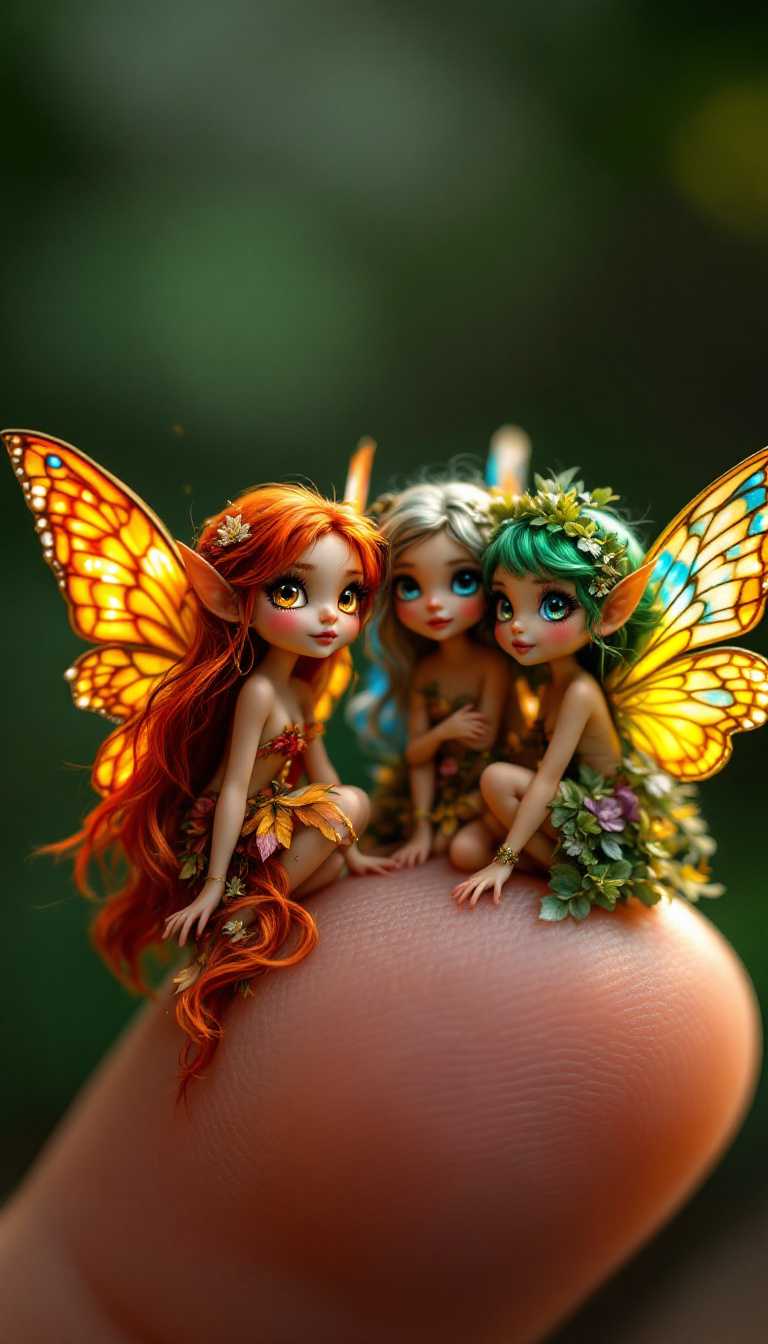 A hyper-realistic image of four tiny forest fairies perched on a human thumb, each with their eyes open, revealing their distinct and magical personalities.Fire Fairy: She has vibrant, flame-red hair that flows down her back, with bright golden eyes that sparkle like embers. Her wings are shaped like flickering flames, glowing with shades of orange, red, and gold. She wears a gown made of fiery petals and glowing embers, exuding a warm, powerful energy.Rain Fairy: This fairy has soft, silvery-blue hair with gentle curls, and her large, clear blue eyes reflect the calm of falling rain. Her wings resemble droplets of water, with translucent blues and silvers that catch the light. She wears a delicate dress made of mist and water lilies, giving her a serene and tranquil presence.Nature Fairy: With rich green hair and bright emerald eyes, this fairy has wings that resemble butterfly wings, with intricate patterns in green, brown, and gold. She wears a dress made of fresh leaves and tiny wildflowers, radiating a vibrant, natural energy connected to the forest.Twilight Fairy: Her long, deep purple hair flows elegantly down her back, and her eyes are a vivid, glowing violet, filled with mystery. Her wings shimmer with shades of lavender, deep blue, and silver, resembling the colors of twilight. She wears a gown made of soft lavender petals and tiny stars, exuding an enchanting, dreamlike aura.Each fairy's wings, hair, and glowing eyes are captured in intricate detail, while the human thumb remains softly blurred in the background, highlighting their tiny, magical presence.