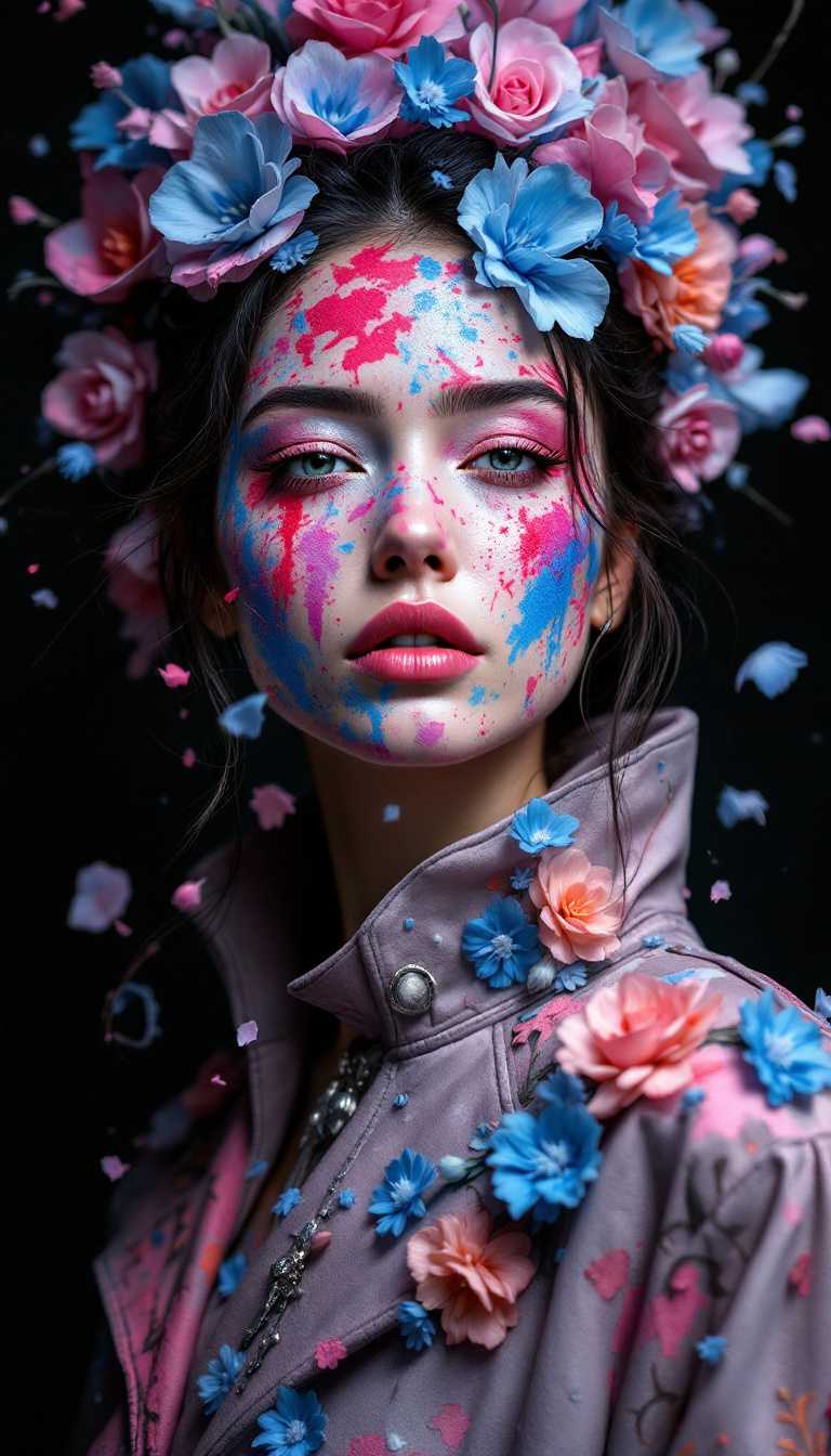 In a fluid illustration style, the image depicts a woman with her makeup smeared chaotically across her face, her eyes and nose nearly obscured, creating a sense of playful disarray. The rest of her features blend into a blurry canvas, emphasizing the erratic application of vibrant skin paint that defies conventional beauty standards. This scene exudes a carefree, almost rebellious vibe, as if she has embraced a moment of reckless indulgence in her artistic expression.

Surrounding her, elements reminiscent of a porcelain statue emerge, showcasing a flamboyant warrior adorned in a coat intricately detailed with blue flowers. The shiny texture of the material contrasts sharply with the dark, brooding background, amplifying the sense of drama within the composition. The warrior, poised for battle, serves as a striking juxtaposition to the woman’s carefree demeanor—both figures embody a unique blend of chaos and beauty.