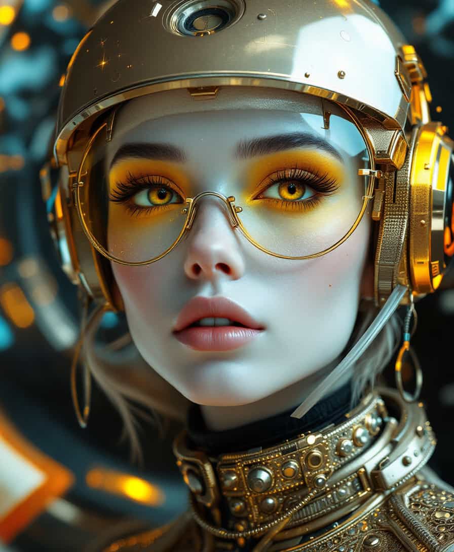 Michael Parks retrofuturism, full-height, neon quantum art, 3D rendering, stunning, perfect woman, white, perfect face, realistic, detailed big eyes, elegant figure, design, Helmet Viar glasses, fashionable, radiation protection, epic style, with mobile device, gold-plated makeup, beautiful hair, cyber-punk, red, blue, olive color, gold dust, filigree jacket, space style, with silver elements, abstract surrealism, master of space art,, abstract, against the background of a fantastic texture, stunning, science fiction style, modern, modern, kinetic art, Niji Express 3D v2, epic style, art deco, oil painting canvas, mixed techniques, ink, pen, 8k, v5 style, cyber style, close-up, hyperdetails, art trend at stations, sharp focus, Klimt, inspiration, 5d, by Lyudmila