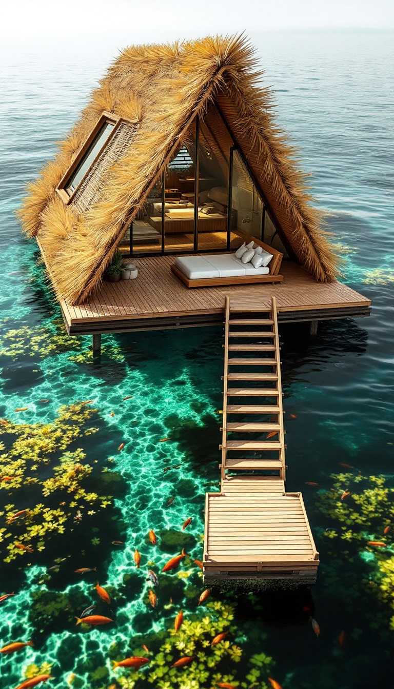 Design Description:A unique and sustainable hotel room design, entirely built from natural wood, located in the middle of the sea. Each room covers an area of 25 square meters and consists of two floors. The upper floor features a simple, rustic bed, while the lower floor is a living space with a direct view of the water. The two floors are connected by a wooden staircase. The exterior of the room is characterized by sharp angles and a gable roof covered with palm fronds to help reduce heat, promoting comfort and sustainability. The rooms are spaced apart from each other and connected by wooden bridges floating over the water. The setting includes clear water reflecting golden sunlight, with visible aquatic plants and fish beneath the surface.Keywords:Unique hotel designBuilt from natural woodSeparate hotel roomsSharp anglesGable roofPalm fronds for coolingTwo floors (living room and bed)Wooden bridgesLocated in the seaSustainabilityWater scene with fish and aquatic plantsGolden sunlight reflectionsKey Details:Rooms are approximately 25 square meters.Two floors: the upper for sleeping, and the lower for living.The exterior is minimalist with sharp angles and Egyptian-inspired craftsmanship.The design incorporates sharp angles to create a modern, dynamic aesthetic.Wooden bridges connect the separate rooms, all floating over the water.Rooms are spaced apart to ensure privacy for each guest.