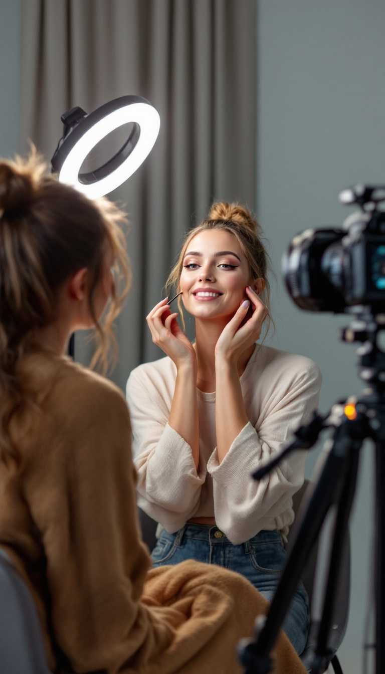 A social media influencer recording a makeup tutorial in a modern studio setup, with a ring light and professional camera gear