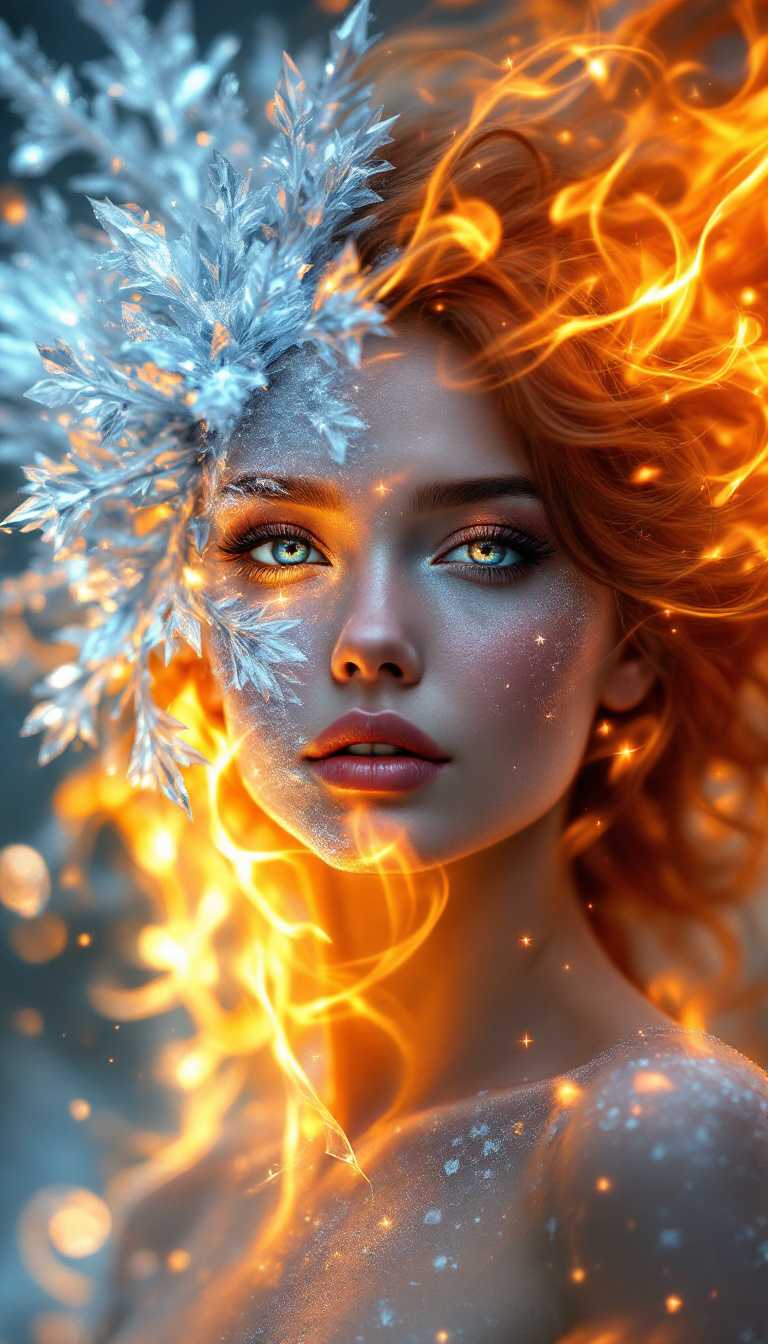 In a breathtaking fantasy composition, a magical fairy stands at the center, her unique charm captivating the viewer. The left half of her body, crafted from crystal-clear ice, glimmers under ethereal lighting, reflecting hues of cold blue that resemble the essence of winter. Delicate ice crystals bloom like intricate petals, their sharp edges catching the light and creating a dazzling array of sparkling effects. In striking contrast, the right half of her form bursts with blazing flames, vibrant reds and oranges swirling around her like passionate dancers, radiating warmth and vitality. 

The fairy's face is a mesmerizing fusion of ice and fire, seamlessly blending the two elements, while her eyes, deep and starry, exude an aura of mystery and power. The interplay of light and shadow enhances the dramatic tension in the scene, highlighting the juxtaposition of opposing forces. The overall genre leans toward high fantasy, with an enchanting, dreamlike quality that invites the viewer into a world of wonder. Framed against a softly blurred background, the fairy remains the focal point, embodying the enchanting balance between winter's chill and summer's heat.