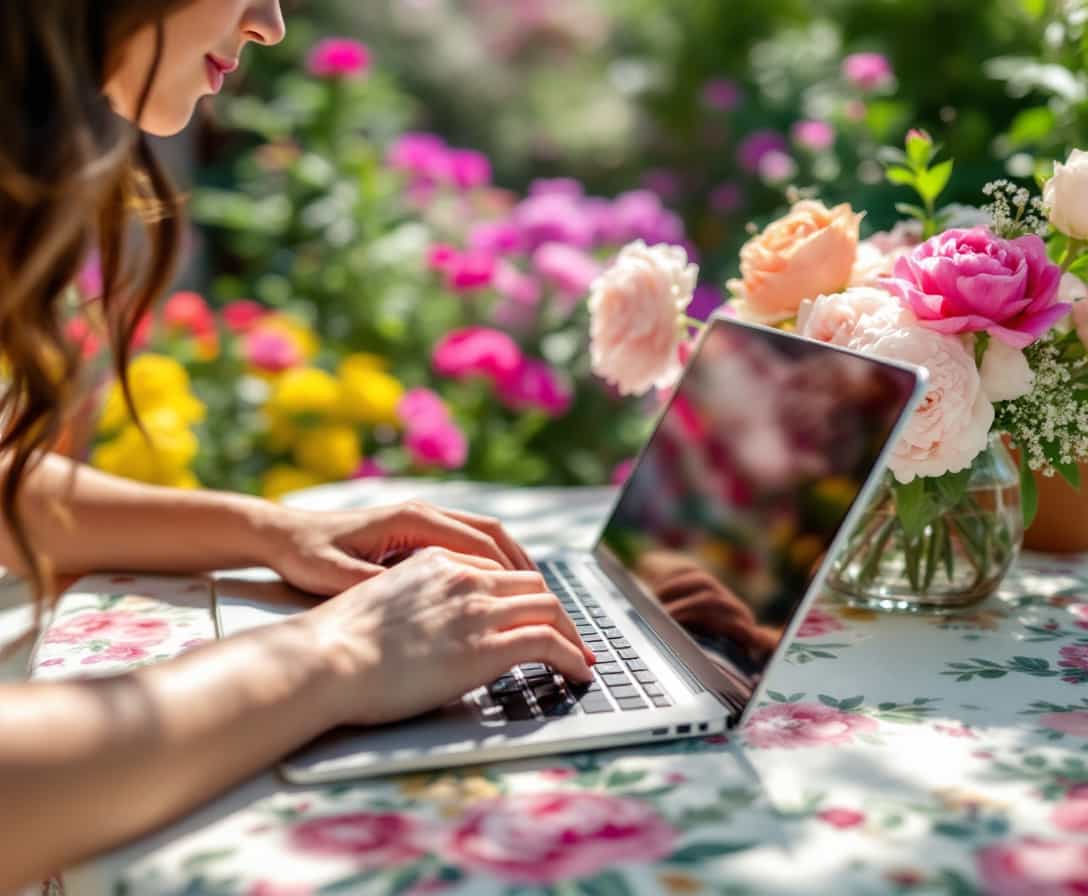 A close-up of a woman’s hands typing on her laptop in a vibrant garden, surrounded by colorful flowers and greenery. Her fingers move gracefully across the keyboard, while the sun filters through the canopy above, casting soft shadows on the floral-patterned tablecloth beneath her laptop. A vase filled with freshly picked roses and peonies sits nearby, adding a fragrant touch to her workspace. The scene captures a peaceful blend of nature and technology, where the garden’s beauty enhances her focus.