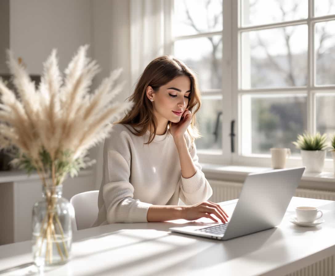 A young woman sits at a sleek, white desk in a minimalist, Scandinavian-inspired home office. Large, north-facing windows bathe the room in soft, natural light, casting gentle shadows across her workspace. The clean lines of her laptop, paired with a simple vase of pampas grass, create a serene and focused environment. Her elegant hands rest on the keyboard, her posture relaxed as she enjoys the uncluttered simplicity of the space around her.