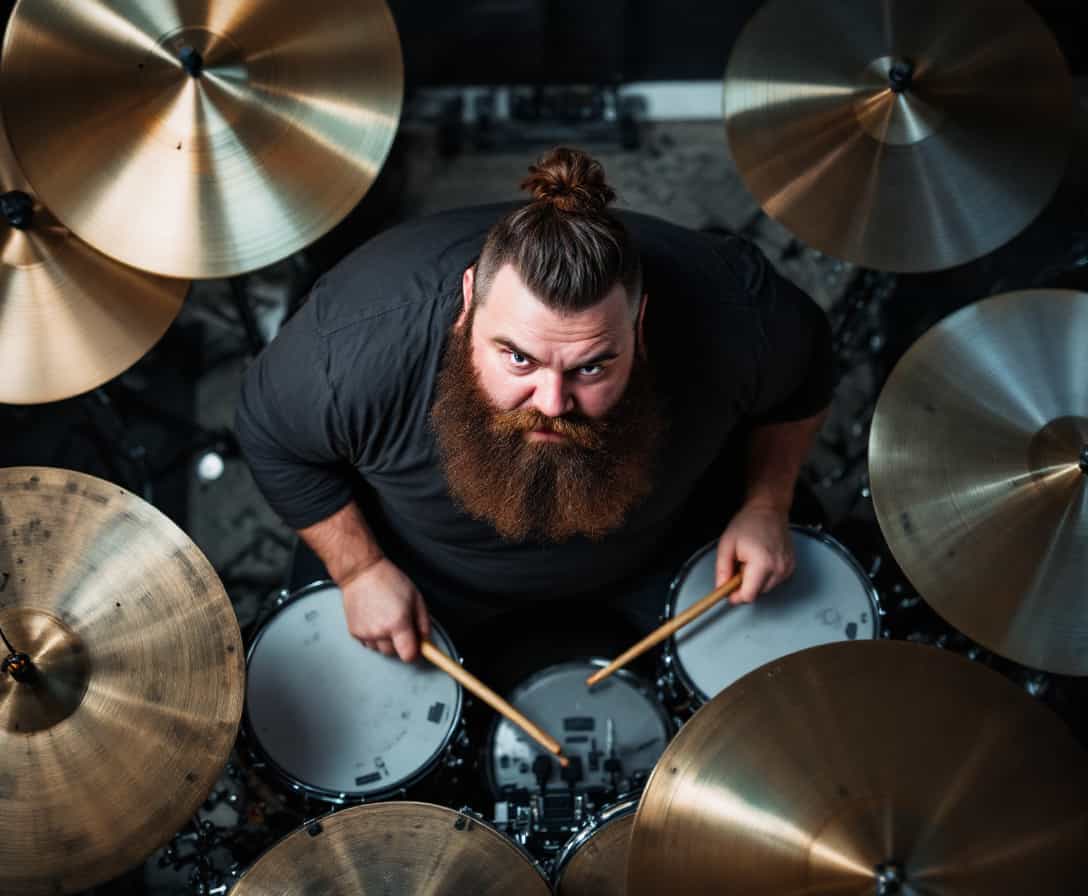 Bearded, fat obese chubby man playing drums, overhead view 