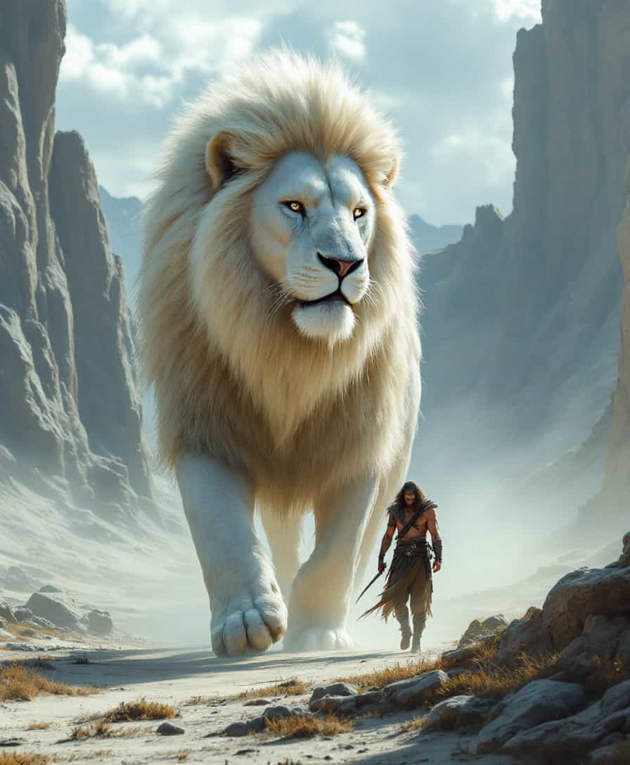 A colossal albino lion walking behind a barbarian man on an alien world, ultra hdd 64k realistic 