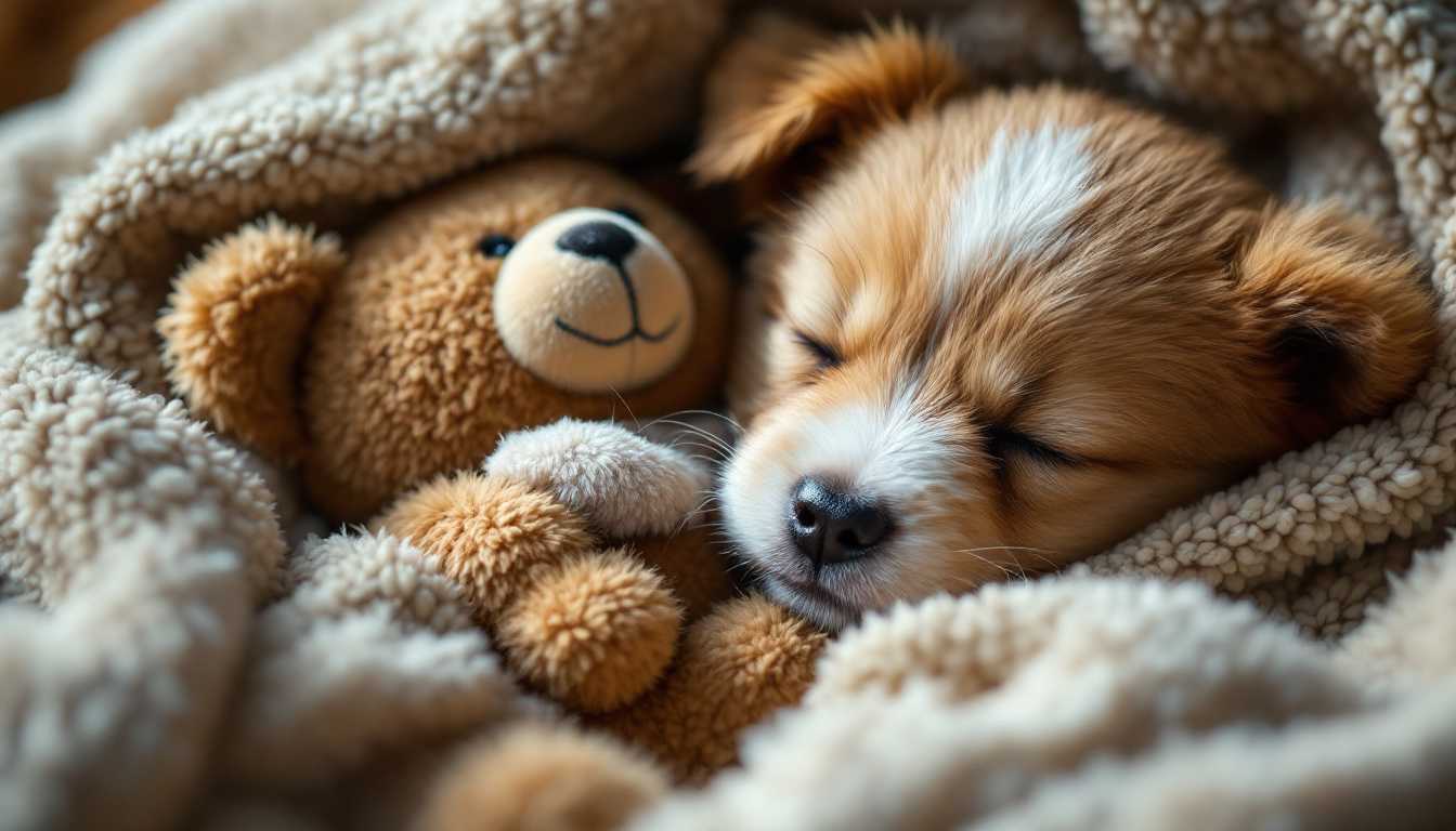 Adorable Puppy Finds Comfort in a Cozy Blanket and a Favourite Teddy Bear