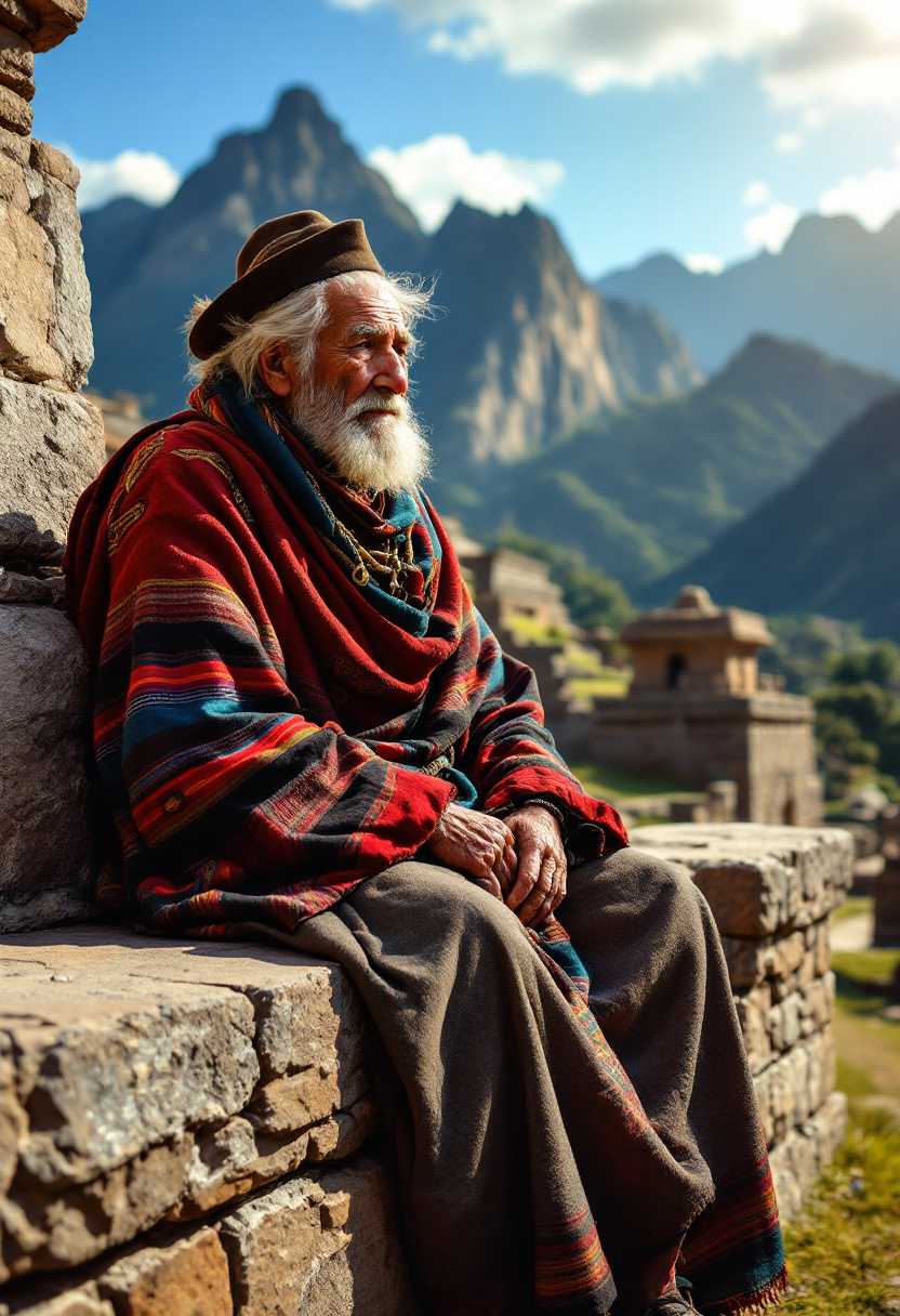 Title: "Wise Andean Elder at the Inca Sanctuary"

Prompt: "A venerable elderly man of Peruvian descent, draped in traditional Andean attire with intricately woven textiles rich in vibrant reds, deep blues, and earthy browns, is seated on the ancient stone wall of a majestic Inca temple. The stones beneath him are large, perfectly cut, and weathered with time, showcasing their historical significance and the craftsmanship of the Inca civilization. His weathered face, full of wisdom and stories, is partially illuminated by the soft, golden light of the setting sun, casting long shadows that dance across the ancient stones. Behind him, the temple looms grandly, with lush, verdant mountain landscapes framing the scene, while a clear azure sky stretches above. This depiction is styled in hyper-realistic detail, with a focus on texture—the roughness of the stone, the softness of the worn woolen garments, and the intricate pattern of the traditional Andean poncho. The mood is one of reverence and peace, capturing a serene moment amidst the echoes of history. A slight breeze rustles the man's long, silver hair, adding a sense of life and movement to the tranquil setting."