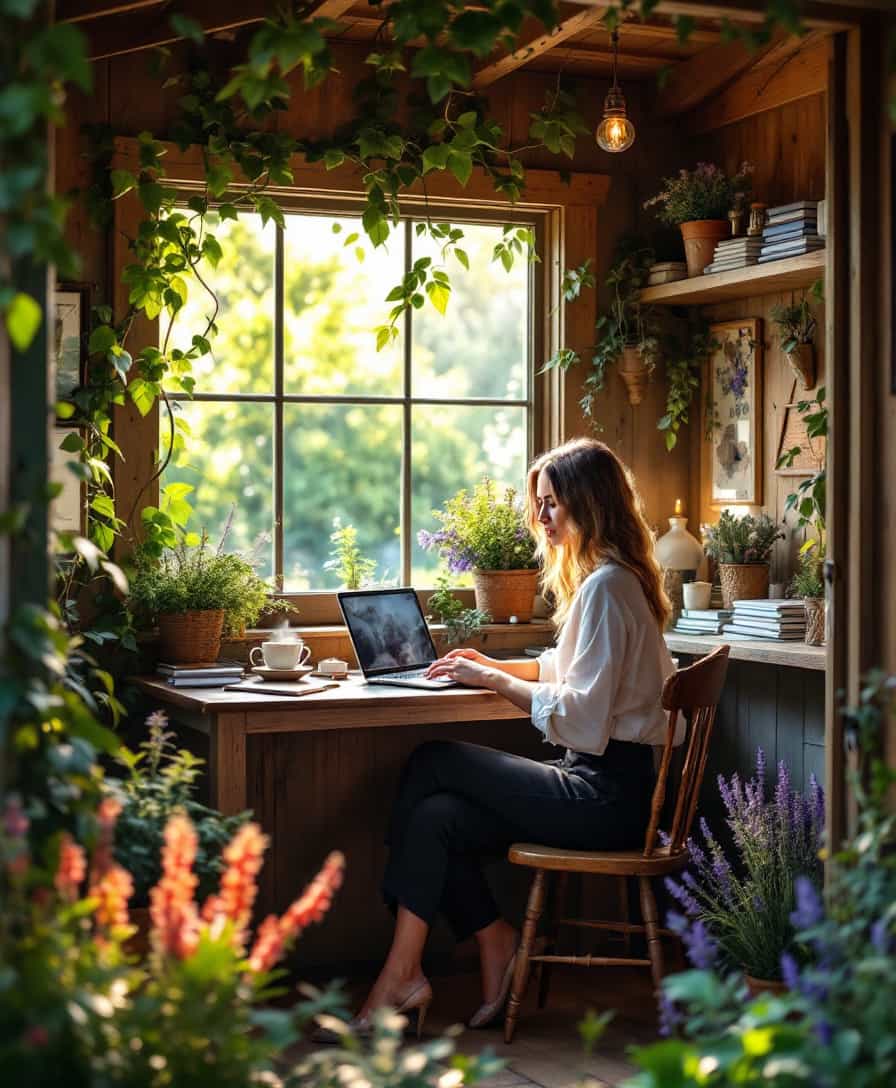 A quaint garden shed converted into a cozy, rustic home office, surrounded by creeping ivy and fragrant lavender. Inside, a small desk holds a laptop, a steaming cup of tea, and a stack of notebooks. A woman, with her sleeves rolled up, sits in a vintage wooden chair, her elegant fingers moving effortlessly across the keyboard. The large window beside her reveals a vibrant, sunlit garden, while soft beams of light filter through the wooden slats, making the space feel like a hidden retreat for creativity and focus.