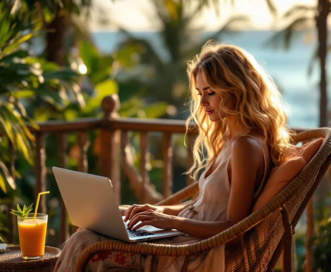 Seaside Serenity A Woman Typing on a Laptop with a Tropical Beverage by Her Side