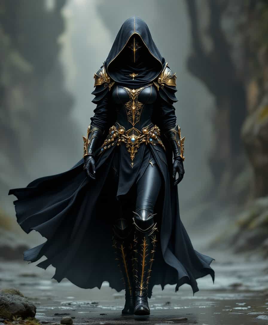 Enigmatic Warrior in Gilded Armor Striding with Purpose