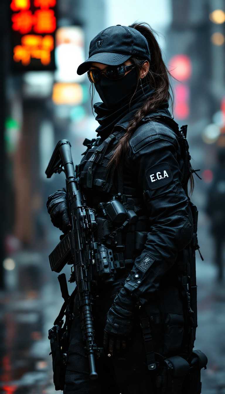8k uhd, 1sexy girl, black cap, assault rifle, detailed clothes,Complicated details), High resolution CGI artwork 8k), ,black tights,black body armor special forces helmet, (((ghost mask,))) sunglasses,full-body shot, street, written E.G.A on the uniform, ready for an attack, Tait pants, sexy curvy dinamic perfect body, showing butt, special forces, helmet, ponytail style 