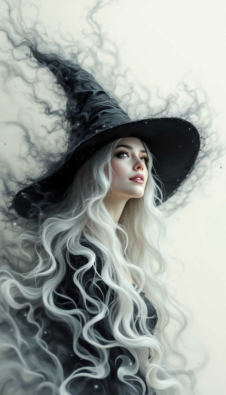 In a mesmerizing liquid style, a witch-like figure emerges, her presence captivating and ethereal. She wears a prominent black hat that contrasts beautifully with her flowing white hair, which cascades like wisps of fog around her. The woman gazes into the distance, her expression a serene smile that hints at secrets untold. Surrounding her is a creamy background that swirls and undulates, echoing the fluidity of her form and the magic she embodies. The blend of white and black creates a striking visual harmony, as the witch's aura seems to shimmer with an otherworldly light. The focus remains on her enchanting presence, inviting viewers to ponder the mysteries that lie beyond her distant gaze.
