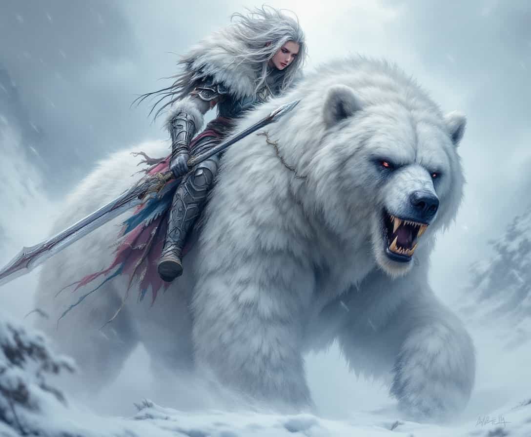 Thaldrim Frostclaw: Nordic Beast Tamer "Hyper detailed fantasy art, A fierce armoured knight riding her massive, battle ready intimidating fluffy bear, messy hair, fur coat, soft coat, rough paint strokes, rough texture, white, only white, blue pink and grey, heavy snowstorm, casting dramatic light and shadow on the scene, highlighting their deep bond and focused determination, intricately detailed matte painting, insanely detailed, splash screen, deep colors" #open-prompt-gang#open-prompt#fantasy#fantasy-art#daily-challenge