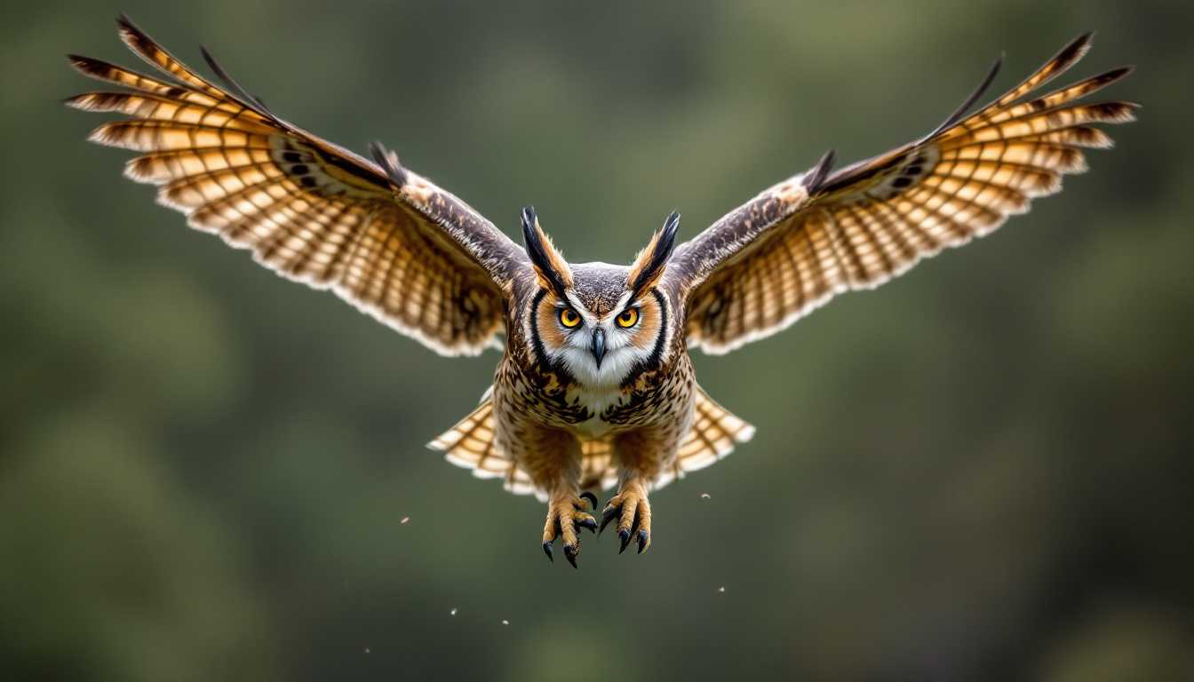 Great horned owl, front view flying with open wings, legs forward, moment before catches a prey
