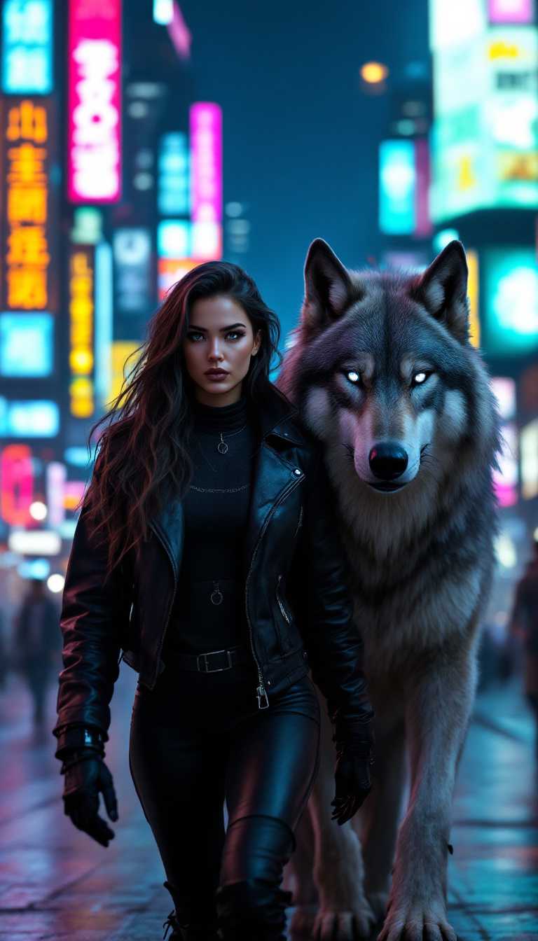 A determined woman, clad in a sleek black leather jacket and combat boots, walks confidently next to a towering gray wolf through the bustling streets of a futuristic cyberpunk city. The 4K visuals enhance the neon signs and digital billboards overhead, while the wolf’s piercing eyes reflect the city lights in high resolution. Every texture, from the woman’s jacket to the fur of the wolf, is meticulously detailed, showcasing strength and power in this vivid, high-tech world.