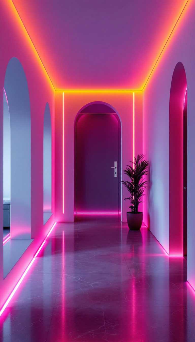 A modern minimalistic home lobby  featuring vibrant neon colors. electric glow. " 48k, HD,
