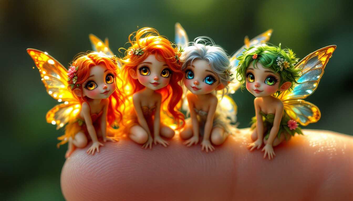 A hyper-realistic image of four tiny forest fairies perched on a human thumb, each with their eyes open, revealing their distinct and magical personalities.Fire Fairy: She has vibrant, flame-red hair that flows down her back, with bright golden eyes that sparkle like embers. Her wings are shaped like flickering flames, glowing with shades of orange, red, and gold. She wears a gown made of fiery petals and glowing embers, exuding a warm, powerful energy.Rain Fairy: This fairy has soft, silvery-blue hair with gentle curls, and her large, clear blue eyes reflect the calm of falling rain. Her wings resemble droplets of water, with translucent blues and silvers that catch the light. She wears a delicate dress made of mist and water lilies, giving her a serene and tranquil presence.Nature Fairy: With rich green hair and bright emerald eyes, this fairy has wings that resemble butterfly wings, with intricate patterns in green, brown, and gold. She wears a dress made of fresh leaves and tiny wildflowers, radiating a vibrant, natural energy connected to the forest.Twilight Fairy: Her long, deep purple hair flows elegantly down her back, and her eyes are a vivid, glowing violet, filled with mystery. Her wings shimmer with shades of lavender, deep blue, and silver, resembling the colors of twilight. She wears a gown made of soft lavender petals and tiny stars, exuding an enchanting, dreamlike aura.Each fairy's wings, hair, and glowing eyes are captured in intricate detail, while the human thumb remains softly blurred in the background, highlighting their tiny, magical presence. the fairies are holding up a sign that says "FLUX PRO V1.1 ON PIXEL DOJO"