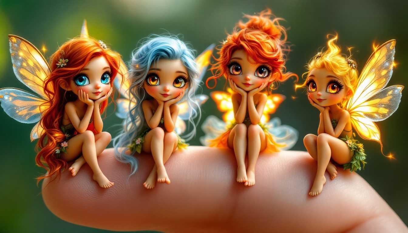 A hyper-realistic image of four tiny forest fairies perched on a human thumb, each with their eyes open, revealing their distinct and magical personalities.Fire Fairy: She has vibrant, flame-red hair that flows down her back, with bright golden eyes that sparkle like embers. Her wings are shaped like flickering flames, glowing with shades of orange, red, and gold. She wears a gown made of fiery petals and glowing embers, exuding a warm, powerful energy.Rain Fairy: This fairy has soft, silvery-blue hair with gentle curls, and her large, clear blue eyes reflect the calm of falling rain. Her wings resemble droplets of water, with translucent blues and silvers that catch the light. She wears a delicate dress made of mist and water lilies, giving her a serene and tranquil presence.Nature Fairy: With rich green hair and bright emerald eyes, this fairy has wings that resemble butterfly wings, with intricate patterns in green, brown, and gold. She wears a dress made of fresh leaves and tiny wildflowers, radiating a vibrant, natural energy connected to the forest.Twilight Fairy: Her long, deep purple hair flows elegantly down her back, and her eyes are a vivid, glowing violet, filled with mystery. Her wings shimmer with shades of lavender, deep blue, and silver, resembling the colors of twilight. She wears a gown made of soft lavender petals and tiny stars, exuding an enchanting, dreamlike aura.Each fairy's wings, hair, and glowing eyes are captured in intricate detail, while the human thumb remains softly blurred in the background, highlighting their tiny, magical presence. behind the fairy's is a graffiti-covered wall that says "FLUX PRO V1.1 ON PIXEL DOJO"