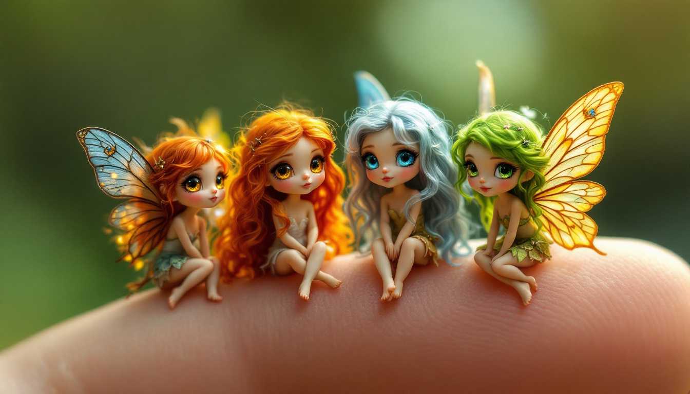 A hyper-realistic image captures four tiny forest fairies perched upon a softly blurred human thumb, bringing into focus their enchanting and magical details. The first, the Fire Fairy, boasts vibrant, flame-red hair cascading down her back with shimmering golden eyes that sparkle like embers in a blazing fire. Her flickering wings glow in shades of orange, red, and gold, crafted from petals and glowing embers that exude a warm and powerful energy. Beside her, the Rain Fairy, distinguished by her silvery-blue, gently curled hair and large, clear blue eyes that reflect the calm of falling rain, has wings resembling cascading droplets of water in translucent blues and silvers. Her attire, a delicate dress made of mist and water lilies, radiates serenity and tranquility.

Next, the Nature Fairy presents herself with rich green hair, bright emerald eyes, and butterfly-inspired wings adorned with intricate patterns of green, brown, and gold. Her dress is woven from fresh leaves and tiny wildflowers, vividly embodying the vibrant energy of the forest. Finally, the Twilight Fairy, with her long, deep purple hair and eyes glowing in mystical violet, captivates all with her shimmering wings in shades of lavender, deep blue, and silver — an ethereal embodiment of twilight. Her gown