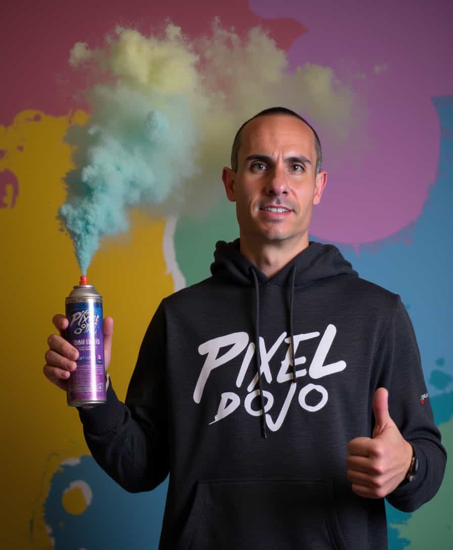 a photo of BLOVE man, holding a can of spray paint with a cloud of colored paint spraying out of the nozzle of the can. BLOVE with short buzzed hair wearing a PIXEL DOJO hoodie 
