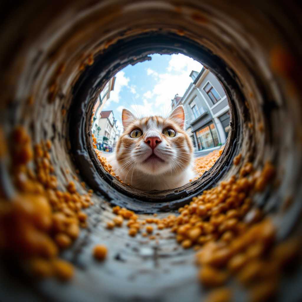 a cat looking into a peep hole pov viewer fisheye view