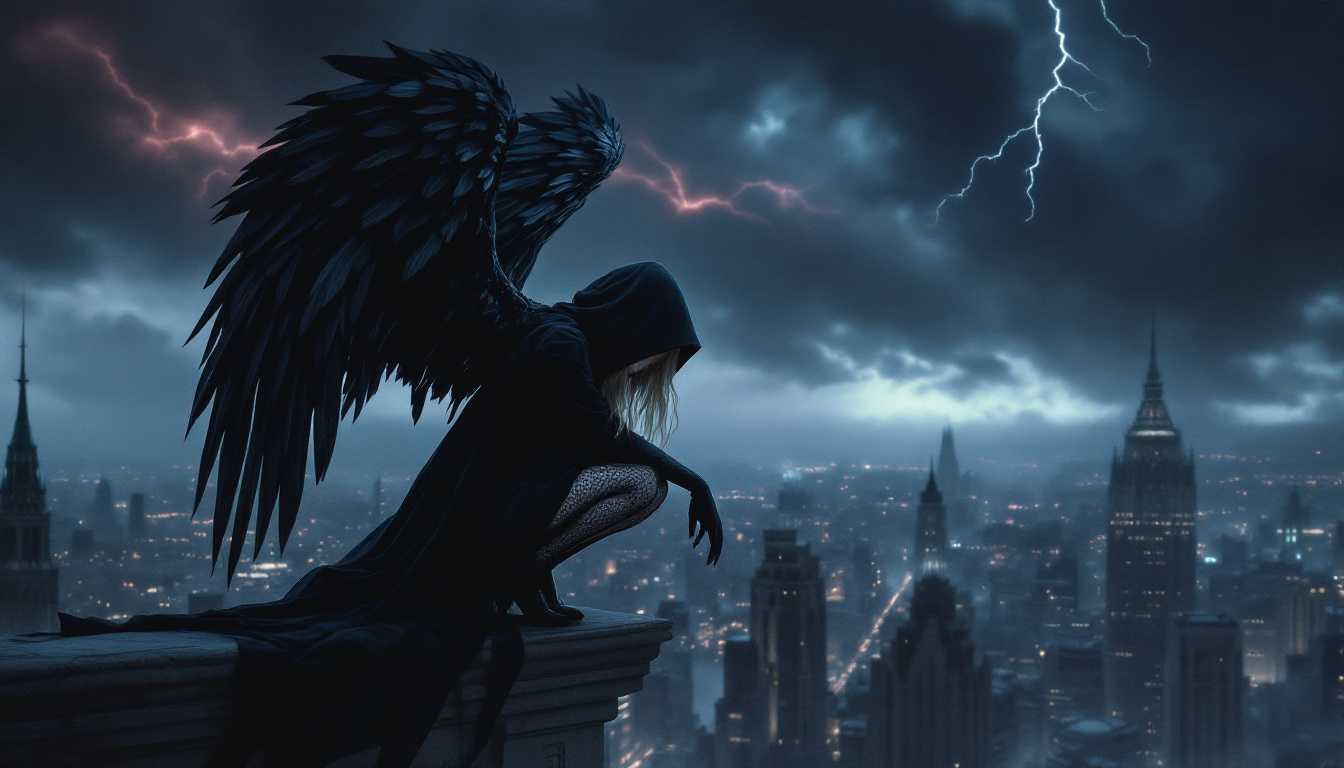 A photo of a cloaked, hooded figure with large, black wings perched on the edge of a tall building. The figure is a girl with long blonde hair. She is crouched and her head is slightly bowed, conveying a sense of contemplation or melancholy. The wings are detailed with layered feathers that catch a subtle glint. The character's clothing is dark and flowing, almost merging with the wings. She wears black fishnet tights and high-heeled shoes. The background is a sprawling cityscape under a moody, overcast sky with dark clouds and flashes of blue and red lightning.
