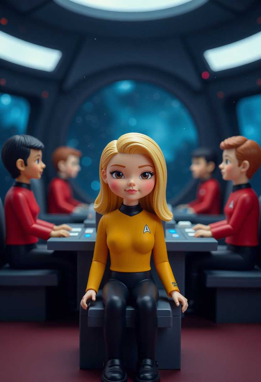 Star Trekinspired bridge crew. The uniforms of the crew are a mix of red and blue, with the Starfleet insignia visible on the left chest.  The blonde woman in the yellow uniform is seated prominently in the foreground, drawing the viewers attention. The objects in the image include the bridges distinctive circular windows, which allow the crew to see the starry cosmos outside. The central console, with its illuminated panels and switches, is a focal point, suggesting the hightech nature of the setting. The chairs and seats are modern and sleek, fitting for a spacecrafts command center. The overall atmosphere is one of anticipation and readiness, as if the crew is on the brink of embarking on a critical mission.This image features simplified cartoon 3d characters and scenery that appears to be painted wooden figures or puppets without strings. 