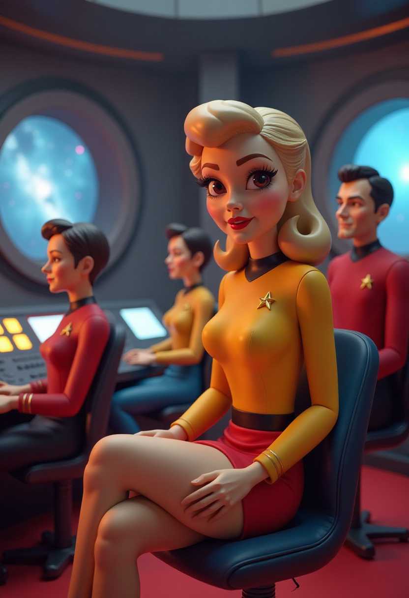 This image is a 3D rendered scene that captures a stylized female figure in a vibrant and dramatic setting. The art style is reminiscent of a pinup or burlesque aesthetic, with a focus on exaggerated curves and a playful, seductive pose. 3d cartoon girl, large eyes, with a vintage aesthetic, reminiscent of the 1940s to 1950s pinup style. Star Trekinspired bridge crew. The uniforms of the crew are a mix of red and blue, with the Starfleet insignia visible on the left chest.  The blonde woman in the yellow uniform is seated prominently in the foreground, drawing the viewers attention. The objects in the image include the bridges distinctive circular windows, which allow the crew to see the starry cosmos outside. The central console, with its illuminated panels and switches, is a focal point, suggesting the hightech nature of the setting. The chairs and seats are modern and sleek, fitting for a spacecrafts command center. The overall atmosphere is one of anticipation and readiness, as if the crew is on the brink of embarking on a critical mission.This image features simplified cartoon 3d characters and scenery that appears to be painted wooden figures or puppets without strings. 