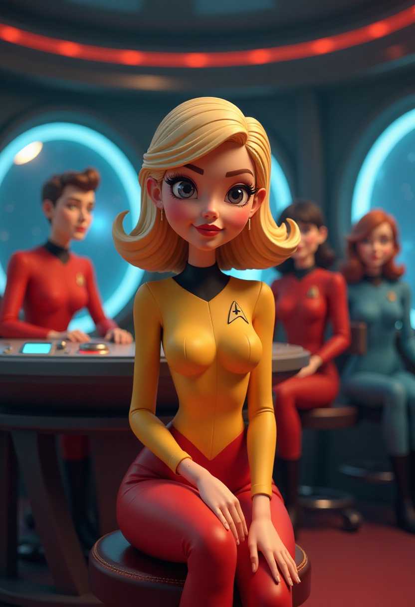 This image is a 3D rendered scene that captures a stylized female figure in a vibrant and dramatic setting. The art style is reminiscent of a pinup or burlesque aesthetic, with a focus on exaggerated curves and a playful, seductive pose. 3d cartoon girl, large eyes, with a vintage aesthetic, reminiscent of the 1940s to 1950s pinup style. Star Trekinspired bridge crew. The uniforms of the crew are a mix of red and blue, with the Starfleet insignia visible on the left chest.  The blonde woman in the yellow uniform is seated prominently in the foreground, drawing the viewers attention. The objects in the image include the bridges distinctive circular windows, which allow the crew to see the starry cosmos outside. The central console, with its illuminated panels and switches, is a focal point, suggesting the hightech nature of the setting. The chairs and seats are modern and sleek, fitting for a spacecrafts command center. The overall atmosphere is one of anticipation and readiness, as if the crew is on the brink of embarking on a critical mission.This image features simplified cartoon 3d characters and scenery that appears to be painted wooden figures or puppets without strings. 
