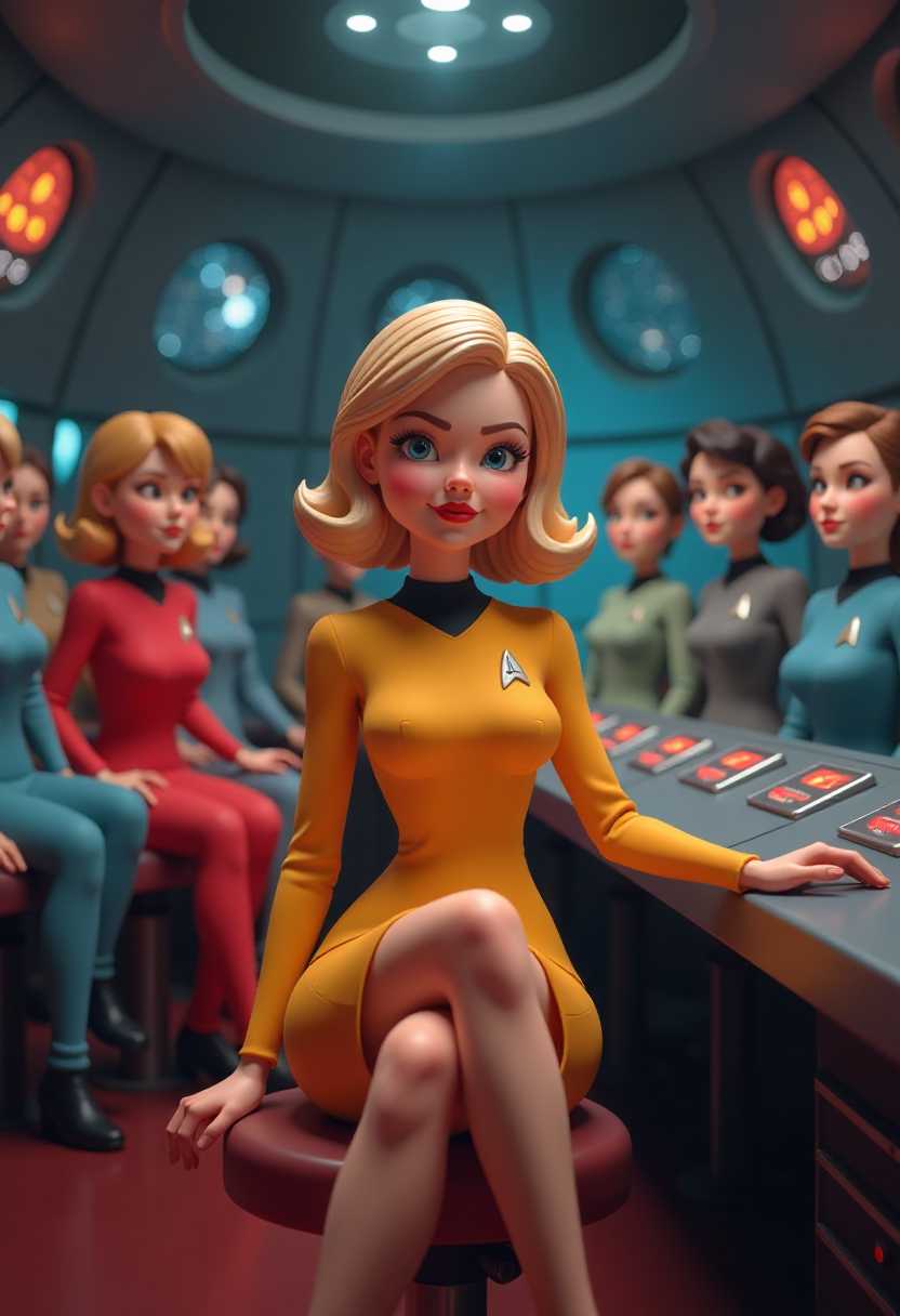 This image is a 3D rendered scene that captures a stylized female figure in a vibrant and dramatic setting. The art style is reminiscent of a pinup or burlesque aesthetic, with a focus on exaggerated curves and a playful, seductive pose. 3d cartoon girl, large eyes, with a vintage aesthetic, reminiscent of the 1940s to 1950s pinup style. Star Trekinspired bridge crew. The uniforms of the crew are a mix of red and blue, with the Starfleet insignia visible on the left chest.  The blonde woman in the yellow uniform is seated prominently in the foreground, drawing the viewers attention. The objects in the image include the bridges distinctive circular windows, which allow the crew to see the starry cosmos outside. The central console, with its illuminated panels and switches, is a focal point, suggesting the hightech nature of the setting. The chairs and seats are modern and sleek, fitting for a spacecrafts command center. The overall atmosphere is one of anticipation and readiness, as if the crew is on the brink of embarking on a critical mission.This image features simplified cartoon 3d characters and scenery that appears to be painted wooden figures or puppets without strings. 
