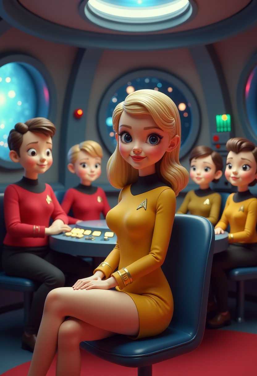 This image is a 3D rendered scene that captures a stylized female figure in a vibrant and dramatic setting. The art style is reminiscent of a pinup or burlesque aesthetic, with a focus on exaggerated curves and a playful, seductive pose. 3d cartoon girl, large eyes, with a vintage aesthetic, reminiscent of the 1940s to 1950s pinup style. Star Trekinspired bridge crew. The uniforms of the crew are a mix of red and blue, with the Starfleet insignia visible on the left chest.  The blonde woman in the yellow uniform is seated prominently in the foreground, drawing the viewers attention. The objects in the image include the bridges distinctive circular windows, which allow the crew to see the starry cosmos outside. The central console, with its illuminated panels and switches, is a focal point, suggesting the hightech nature of the setting. The chairs and seats are modern and sleek, fitting for a spacecrafts command center. The overall atmosphere is one of anticipation and readiness, as if the crew is on the brink of embarking on a critical mission.This image features simplified cartoon 3d characters and scenery that appears to be painted wooden figures or puppets without strings. 