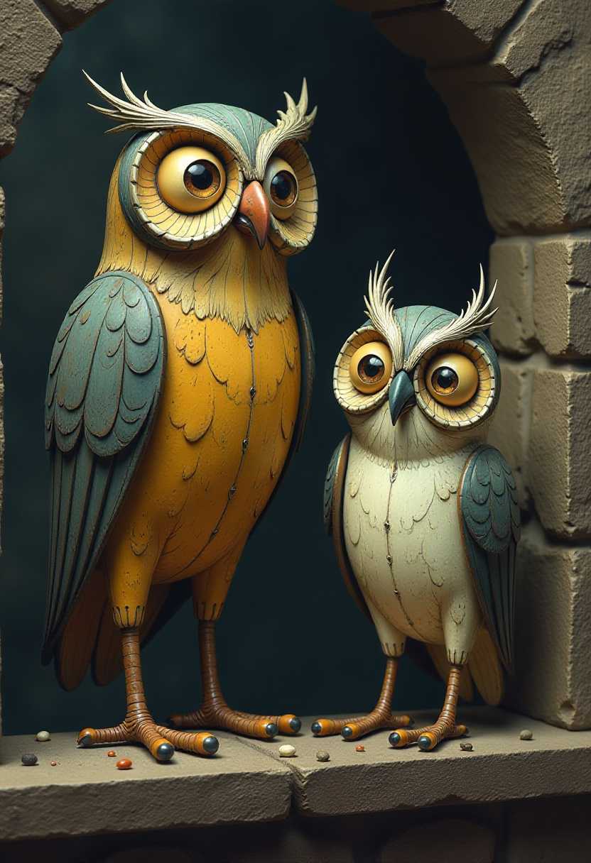 The skin texture is rough and uneven, giving the appearance of a handcrafted object. This image features a quaint medieval tavern background and painted wooden figures of stylized mechanical clockwork owls, each with a unique and exaggerated appearance. The birds are standing on what appears to be a ledge or platform.The art style is reminiscent of pop surrealism, with a touch of fantasy and humor. The birds are anthropomorphized with large, expressive eyes that dominate their faces, giving them a comical and somewhat startled look. Their bodies are elongated and feature exaggerated proportions, with their legs and feet appearing disproportionately small in comparison to their bodies.The colors in the image are quite muted and moody, with a predominance of dark blues, blacks, grays, and browns. The birds themselves are colored in a spectrum of earthy tones, with the tallest bird in mustard yellow and the smallest in a pale, almost white color. Below the ledge, there are small, round objects that resemble seeds or berries, scattered across the platform. 