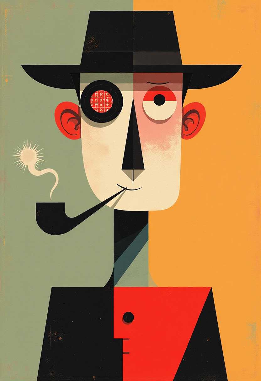 **Title**: Midcentury Modern Abstract Cartoon Man

**Description**: A digital artwork capturing a stylized, geometric representation of a cartoon man, showcasing a fusion of midcentury modern design and abstract expressionism. The composition draws the viewer's eye immediately to the man’s head, which is crafted from a series of bold geometric shapes. The face is a play of symmetry and surprise, featuring large, circular eyes—one in classic black and white, the other in a striking red and white pattern—imbuing the character with an inquisitive and somewhat puzzled expression. 

**Visual Details**: 
- **Hat and Pipe**: The man wears a distinct fedora, its form abstract yet recognizable, with defined edges and curves. A smoking pipe completes the ensemble, adding a nostalgic touch.
- **Facial Structure**: Angular ears contrast with the smooth curves of the eyes, while the nose is a sleek, straight line. The mouth, a subtle curved line, adds to the character’s minimalist charm.
- **Neck and Body**: An elongated, sharply-angled neck flows seamlessly into the geometrically constructed torso. The body's color scheme is predominantly black, accented by a bold red section, subtly suggesting the chest area. 

**Composition**: