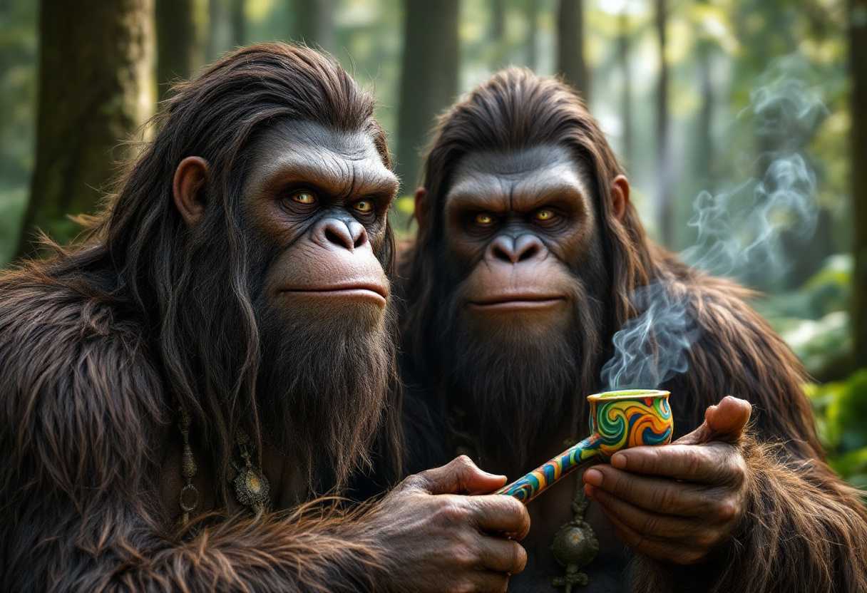 This photograph depicts two Sasquatch figures with a hyper-realistic and detailed photography style. The figures are seated in a forest setting, with a backdrop of towering trees and a serene, sunlit environment. The medium appears to be a high-resolution digital painting, utilizing a combination of textures and shading to create a lifelike representation of the subjects and their surroundings.

The two figures are closely positioned, with one slightly in front of the other. They have long, dark hair and thick beards, with detailed strands of hair and individual bristles visible. Their skin is textured and has a realistic appearance, with creases and folds that mimic human anatomy. The figures are wearing what appears to be animal pelts or hides, with the texture and patterns of the fur meticulously rendered.

The figure in the foreground is holding a pipe, with a bowl containing a green substance, from which smoke is rising. The pipe has a colorful design, with swirls of blue, green, and yellow, giving it a whimsical and fantastical quality. The figure's expression is one of contentment and amusement, with a wide grin and eyes crinkled in mirth.

The second figure is also holding a pipe, but it is not visible in the photograph. The focus is on the interaction between the two figures, and the act of smoking seems to be a shared experience. The overall atmosphere of the photograph is jovial and lighthearted, with a sense of camaraderie and leisure.

The colors in the photograph are rich and vibrant, with a predominance of greens from the trees and browns from the figures' hair and pelts. The sunlight filtering through the canopy of the forest casts a warm glow on the scene, with highlights and shadows that add depth and dimension. The use of light and shadow is particularly effective in creating a realistic and immersive environment.

In summary, this photograph is a digitally rendered artwork that captures a moment of shared leisure between two humanoid figures in a forest setting. The hyper-realistic and detailed photography style, combined with the use of light and shadow, creates a lifelike and immersive experience. The subjects' expressions and the act of smoking add a sense of humor and camaraderie to the scene.
