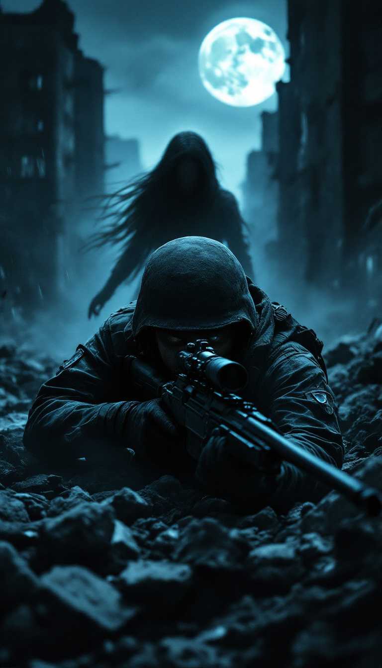 A gripping nighttime battle scene unfolds in a devastated urban landscape, the air thick with tension and the distant echoes of conflict reverberating through shattered concrete. Centered in the frame, the focal point is a lone sniper poised within the rubble, his intense gaze fixed down the scope of his rifle. His face, a canvas of determination and focus, is juxtaposed against the harsh, sharp lines of the debris that surrounds him. Lacking a helmet, his features are clearly visible, illuminated by the cold, bluish tint of moonlight filtering through the dense overcast sky, casting haunting shadows across his intent expression.

Behind this soldier, a shadowy apparition begins to take form—its silhouette subtly resembling a woman. Ethereal and ghostly, this presence lingers just out of reach, her whispers almost audible amid the muffled sounds of distant gunfire and the rustle of the wind. She is blurry, an eerie mix of light and dark textures that suggest movement as if she is partially made of the shadows themselves, infused with the somber tone of the night.

The composition invites a sense of layered depth, the camera angle slightly low to emphasize the sniper's forward lean, symbolizing his alertness, while keeping the enigmatic figure slightly out of focus, adding a layer
