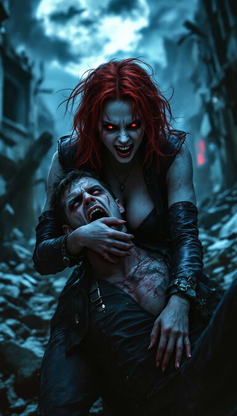 A dramatic nighttime scene unfolds in a ruined urban landscape. The human sniper, previously focused and alert, is now in a vulnerable position. His rifle slips from his hands, falling to the rubble below as a vampire woman sinks her fangs into his neck. His face is twisted in shock and pain, helpless against her attack.

Behind him, the vampire woman, with fiery red hair, glowing red eyes, and freckles, holds him tightly. Her black leather outfit contrasts with her pale skin, dark veins visible as she feeds. The moonlight bathes the scene, highlighting her fierce, predatory gaze. The battle is already lost—he has no chance against her strength.