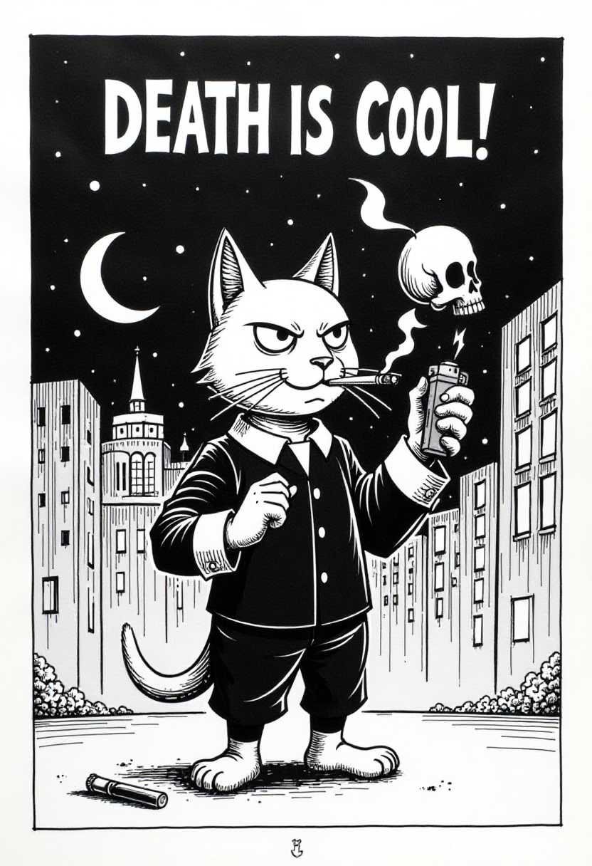 This is a black and white comic strip. The art style is reminiscent of a simple, bold line drawing with a cartoonish feel. The medium appears to be ink on paper, as the lines are thick and have a handdrawn quality.The comic strip depicts a figure resembling a cat, standing upright on two legs. The cat is wearing a black outfit with a white collar and cuffs, and it has a confident, somewhat mischievous expression on its face. The cat is holding a cigarette in one hand and a lighter in the other, and it is exhaling smoke that takes the shape of a skull.In the background, there is a cityscape at night, with buildings and a crescent moon in the sky. There is also a discarded cigarette butt on the ground, near the cats feet.The text in the comic strip reads DEATH IS COOL! in capital letters, which adds a humorous and ironic twist to the image, as the cat is personified and nonchalantly smoking a cigarette, which is often associated with mortality.The overall tone of the comic strip is darkly humorous, and it plays on the juxtaposition of the cats nonchalant attitude towards death, represented by the skullshaped smoke, and the everyday act of smoking.