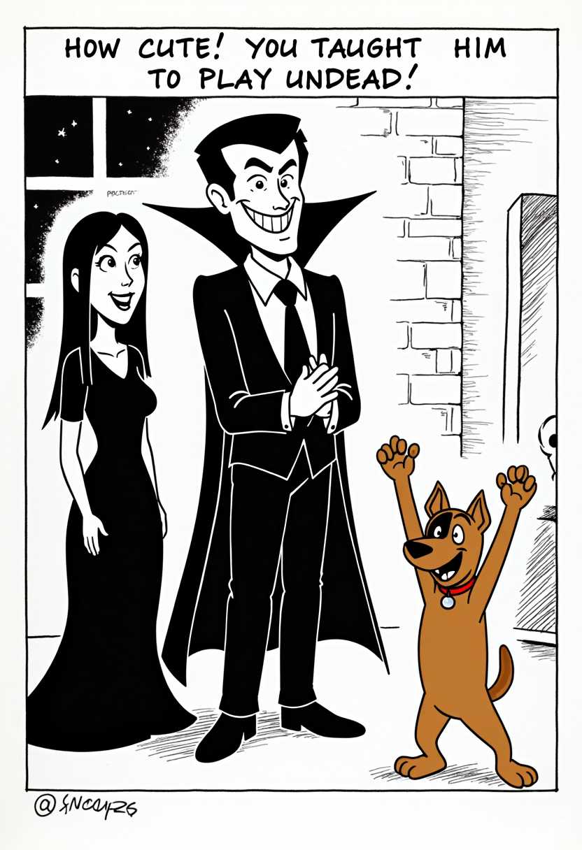 This is a black and white comic strip. The art style is cartoonish with exaggerated features and expressions, which gives the characters a humorous and playful appearance. The medium appears to be traditional, as the lines are clean and the shading is minimal, suggesting that the drawing was done with a pen and ink.The comic strip features three characters. On the left, there is a female vampire with long black hair, wearing a long black dress with a high neckline. Her expression is one of delight and surprise. In the center, there is a male vampire with a wide grin, wearing a black suit with a white shirt and a black tie. His hands are clasped together in front of him, and his expression is one of pride and amusement. On the right, there is a brown dog with a black patch over one eye, wearing a red collar with a bell. The dogs front paws are raised menacingly in the air, and its mouth is open as if wanting to bite someone.The background of the comic strip is a simple representation of a room with a brick wall and a window showing a dark sky. There is also a faint outline of a chair visible in the upper right corner.The text in the comic strip reads, HOW CUTE! YOU TAUGHT HIM TO PLAY UNDEAD! This text, combined with the characters costumes and the dogs pose, suggests that the dog has been taught to mimic the behavior of a vampire, which is a humorous and playful twist on the traditional vampire theme.
