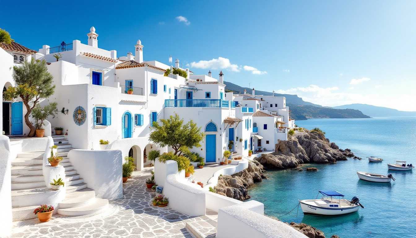 Nestled against the azure expanse of the Mediterranean, the whitewashed fishing villages of Andalusia emerge like pearls scattered along the rugged coastline, their smooth stucco facades glinting softly under the warm embrace of the sun. Each house, adorned with vibrant blue shutters and terracotta roofs, rises gracefully from the cobblestone streets, where the scent of salt and fresh catch mingles in the gentle breeze. 

An Art Deco touch graces the village square, where geometric patterns dance in the sunlight, blending harmoniously with the brutalist structures that stand resolute, their raw concrete forms juxtaposed against the delicate architecture surrounding them. Olive trees, gnarled and wise, punctuate the landscape, their silver leaves shimmering like whispers in the wind, while fishing boats bob lazily in the crystalline waters, their colors reflecting the sun’s golden rays.