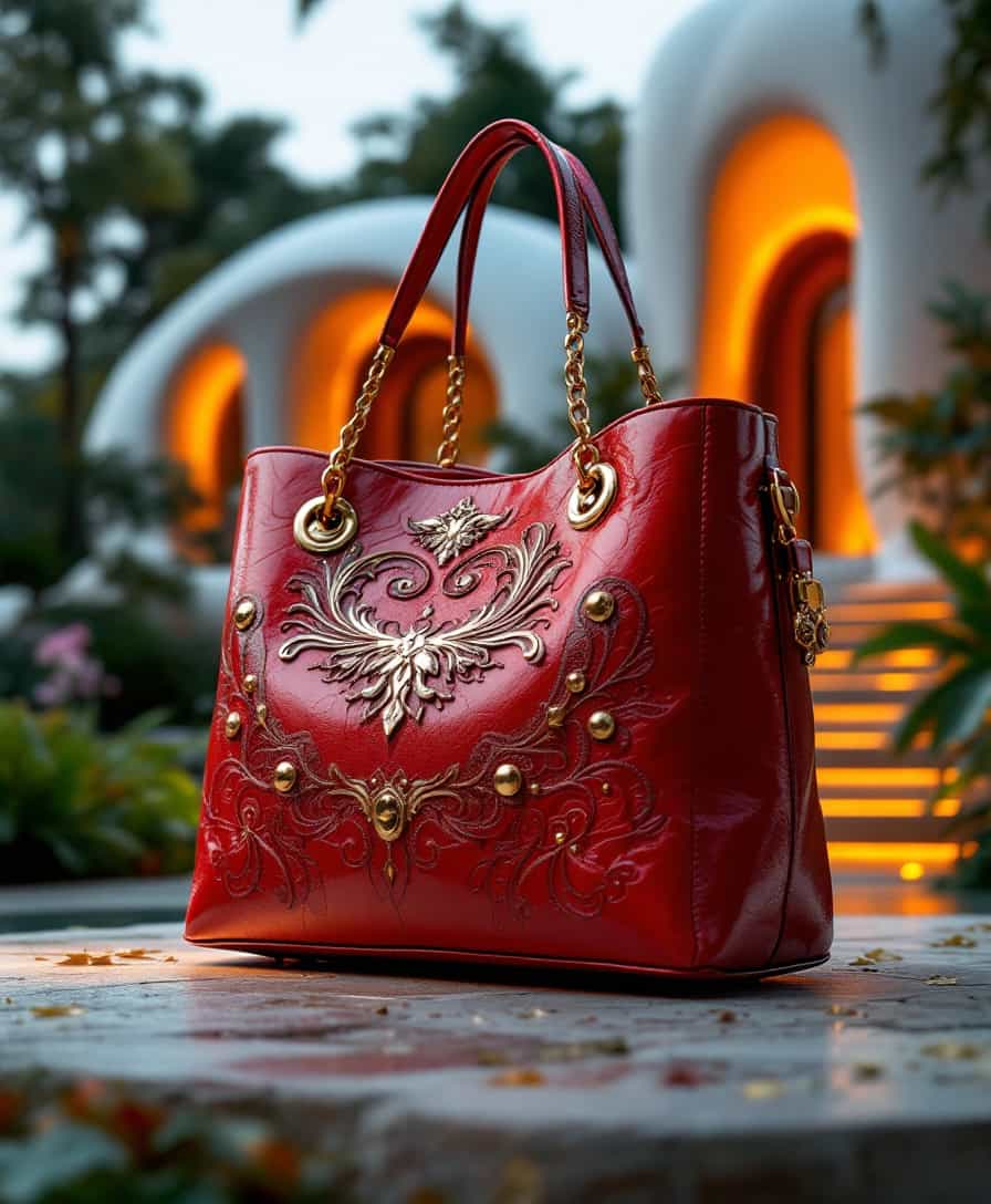 In a captivating blend of fashion and futuristic design, the red shoulder bag stands open, showcasing its exquisite gold-edge stitching that echoes the elegance of a modern sculpture. The bag's inner wall features a leather patch embroidered with intricate patterns, reminiscent of the fluid, aerodynamic shapes found in contemporary architecture. Adorning its side are multiple golden buttons that reflect a sleek, silvery sheen, harmonizing with the futuristic aesthetic.

The interior is lined with a shiny red cloth that radiates vibrancy, much like the warm inner lights illuminating a grand, futuristic house. A small decorative chain dangles gracefully, adding an element of sophistication that parallels the meticulously manicured greenery surrounding a sculptural edifice. The red purse, with its stylish modernity, invites admiration, just as the illuminated steps leading to a grand entrance beckon guests into a serene oasis.